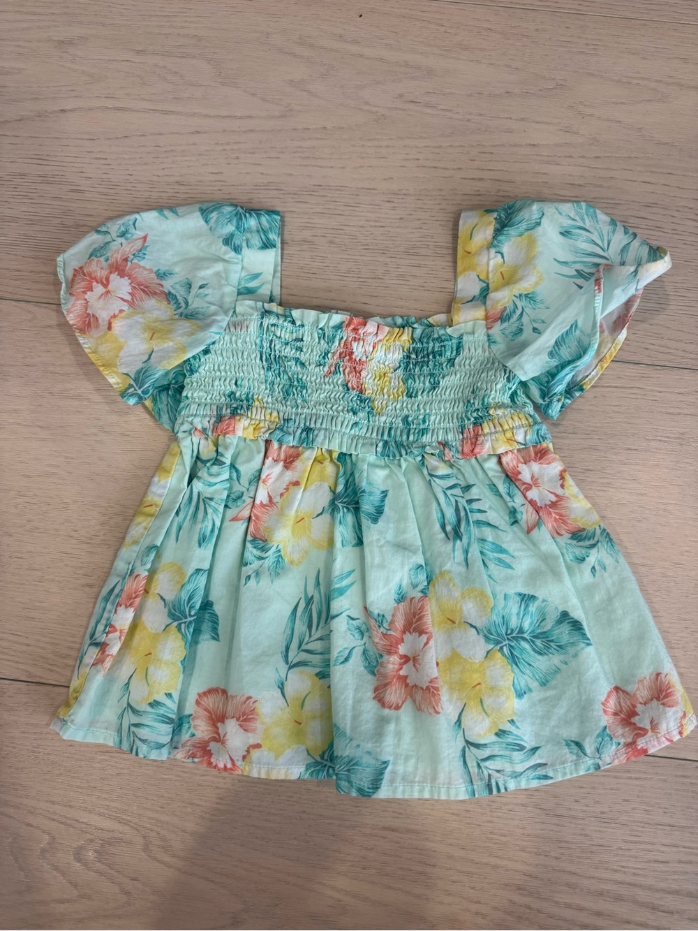 Janie and Jack Mint Floral Smocked Top with Flutter Sleeves | 2T